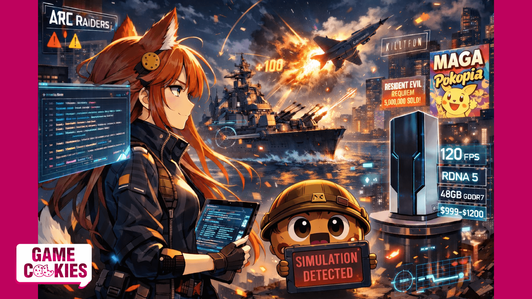 Anime-style scene where Kiki, the orange-haired fox-girl reporter, analyzes a chaotic digital battlefield while Chip, a floating chocolate-chip cookie wearing a military helmet, panics and holds a tablet reading “Simulation Detected.” Explosions, holographic UI elements, and gaming references fill the futuristic city background.