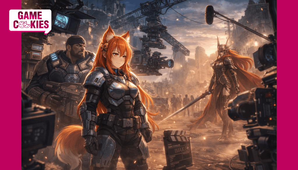 Aanime-style cover showing Kiki in COG-inspired armor on a movie set between Marcus Fenix and Malenia, with text about Elden Ring and Gears movie adaptations.