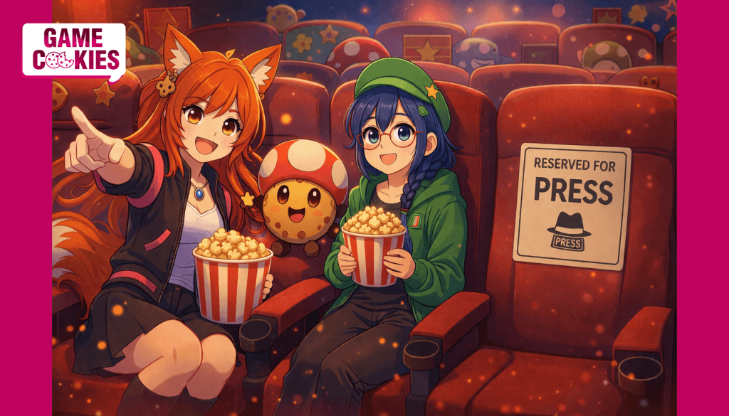 Kiki and Byte sitting in a cinema with Chip the cookie, next to an empty seat labeled “Reserved for Press”
