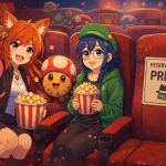 Kiki and Byte sitting in a cinema with Chip the cookie, next to an empty seat labeled “Reserved for Press”