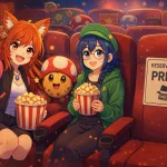 Kiki and Byte sitting in a cinema with Chip the cookie, next to an empty seat labeled “Reserved for Press”