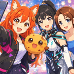 Pokemon-style kawaii group selfie of Kiki, Chip, EVE, and Jill Valentine smiling together at a bright gaming-event backdrop, with Kiki holding the phone and Chip in his corrected round cookie design.