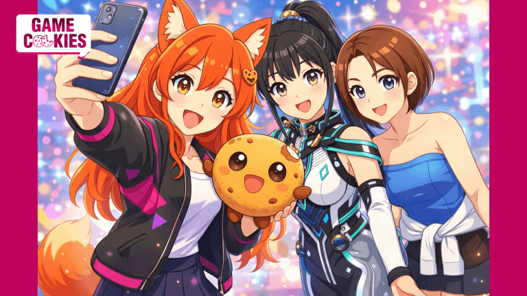 Pokemon-style kawaii group selfie of Kiki, Chip, EVE, and Jill Valentine smiling together at a bright gaming-event backdrop, with Kiki holding the phone and Chip in his corrected round cookie design.