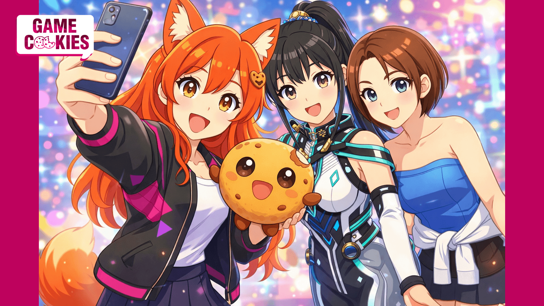 Pokemon-style kawaii group selfie of Kiki, Chip, EVE, and Jill Valentine smiling together at a bright gaming-event backdrop, with Kiki holding the phone and Chip in his corrected round cookie design.