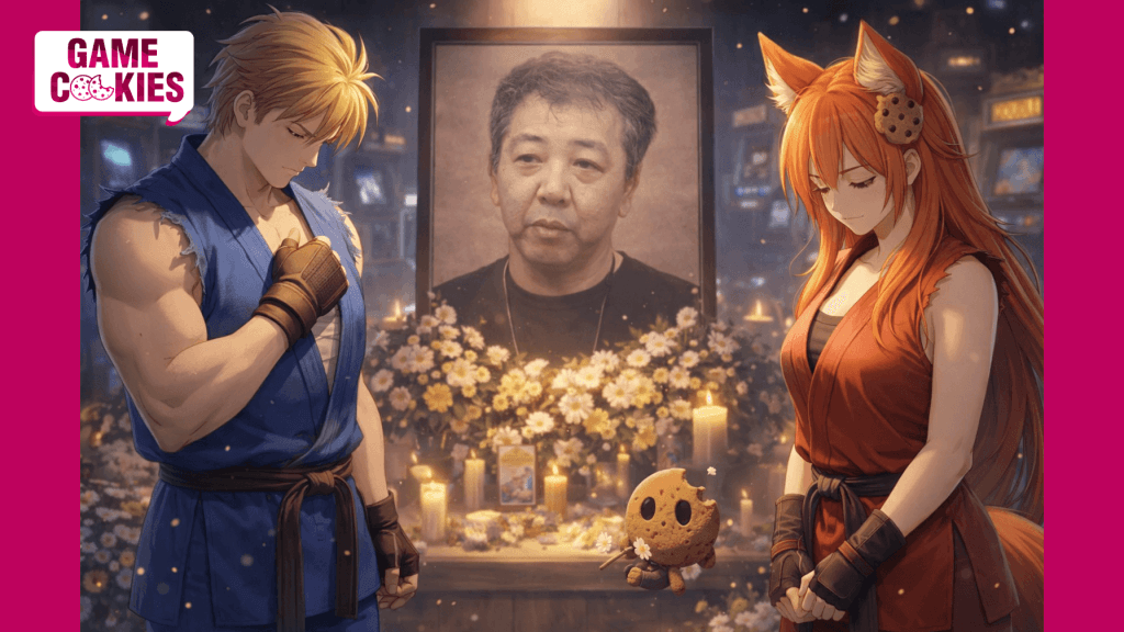 Anime tribute illustration of Billy Lee and Kiki in Double Dragon-inspired outfits paying respects before a memorial portrait of Yoshihisa Kishimoto, with candles, flowers, and Chip holding a small flower.