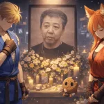 Anime tribute illustration of Billy Lee and Kiki in Double Dragon-inspired outfits paying respects before a memorial portrait of Yoshihisa Kishimoto, with candles, flowers, and Chip holding a small flower.