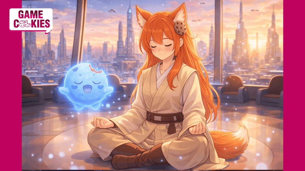 Kiki, dressed as a Jedi Padawan, meditates inside the Jedi Council Chamber on Coruscant while Chip appears beside her as a glowing cookie Force spirit in a kawaii anime style.