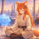 Kiki, dressed as a Jedi Padawan, meditates inside the Jedi Council Chamber on Coruscant while Chip appears beside her as a glowing cookie Force spirit in a kawaii anime style.