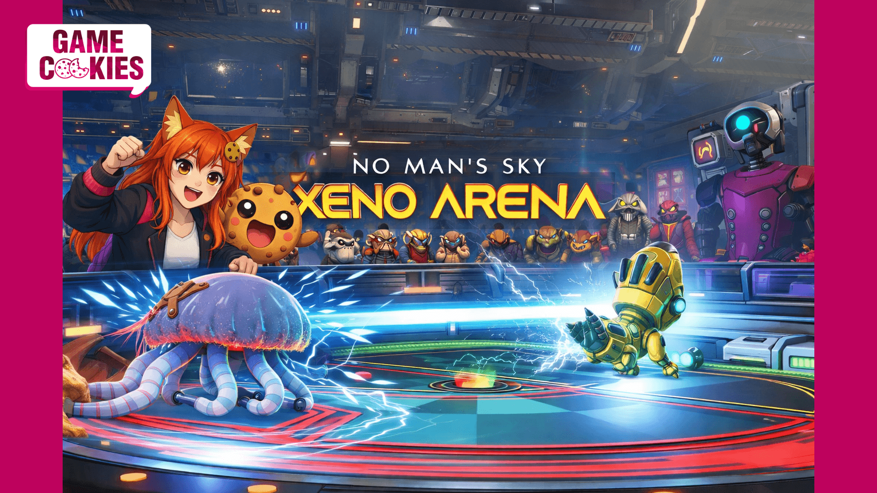 Anime-style image of Kiki and Chip cheering beside a jellyfish-like alien fighter in a No Man’s Sky Xeno Arena battle, with robotic and alien spectators in the background.