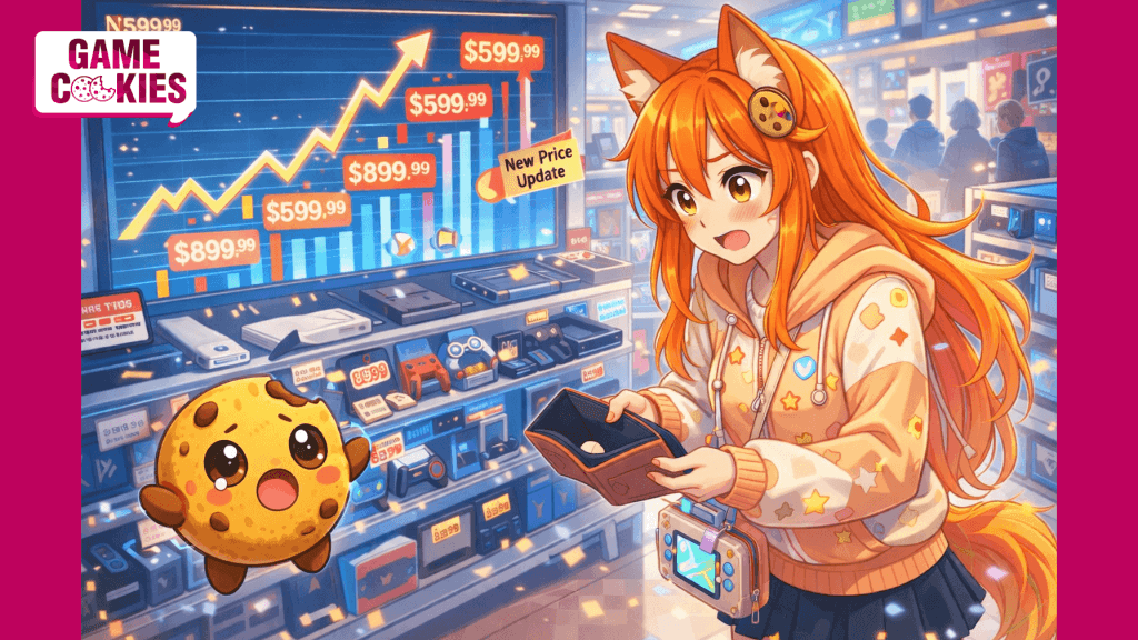 Anime-style illustration of Kiki holding an empty wallet in a gaming store while console prices rise sharply on a digital screen, with Chip the cookie floating beside her looking worried.