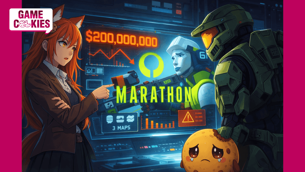 Kiki points at a giant $200,000,000 warning screen showing Marathon, while a green armored supersoldier stands beside her and Chip looks up sadly in a futuristic control room.