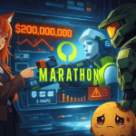 Kiki points at a giant $200,000,000 warning screen showing Marathon, while a green armored supersoldier stands beside her and Chip looks up sadly in a futuristic control room.