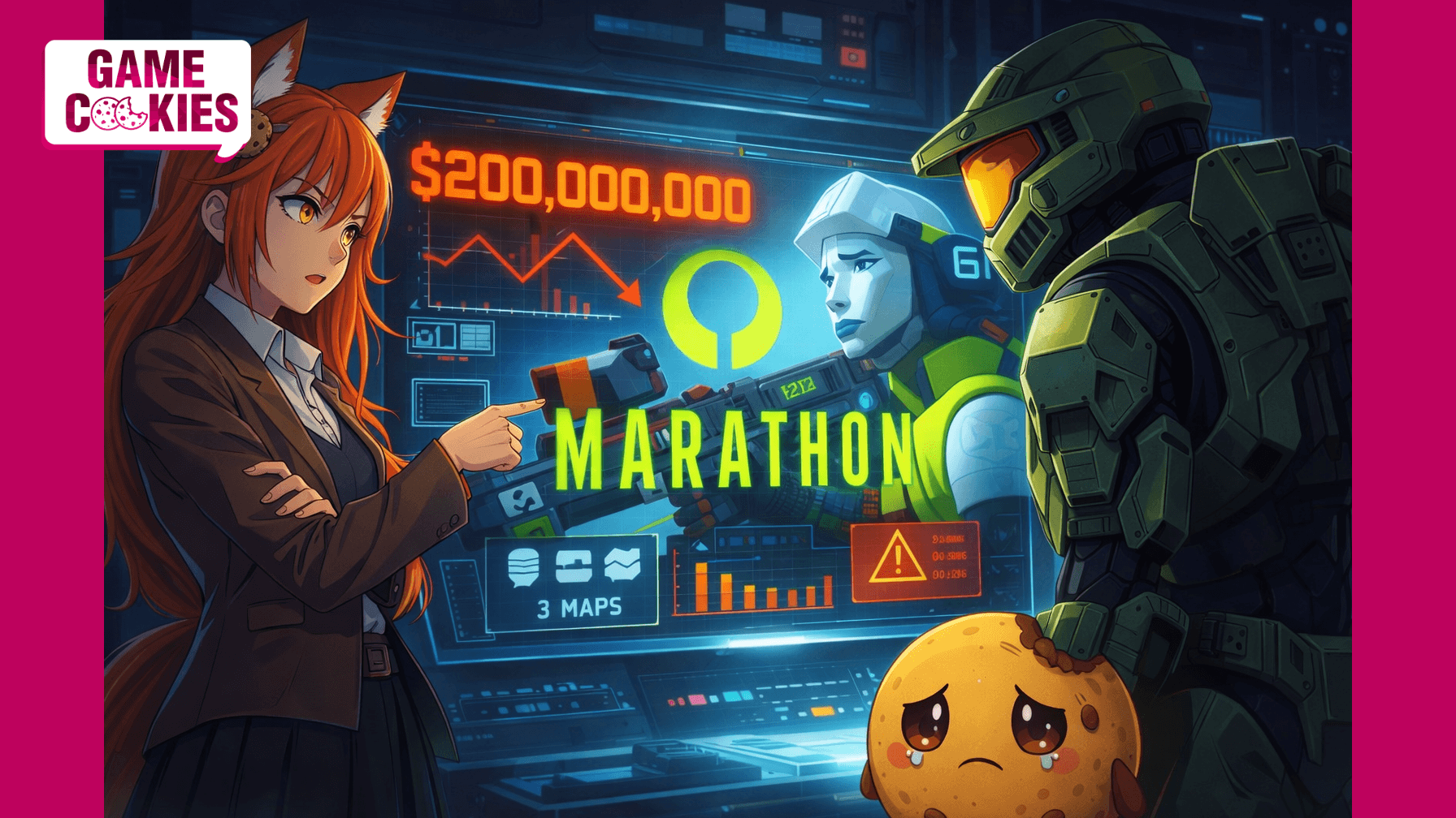 Kiki points at a giant $200,000,000 warning screen showing Marathon, while a green armored supersoldier stands beside her and Chip looks up sadly in a futuristic control room.