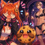 Kiki and Chip stand in a gothic mansion hallway, blushing and covering their eyes in embarrassment while a dark-haired survival-horror-style agent poses confidently in a ridiculous tactical bikini behind them.