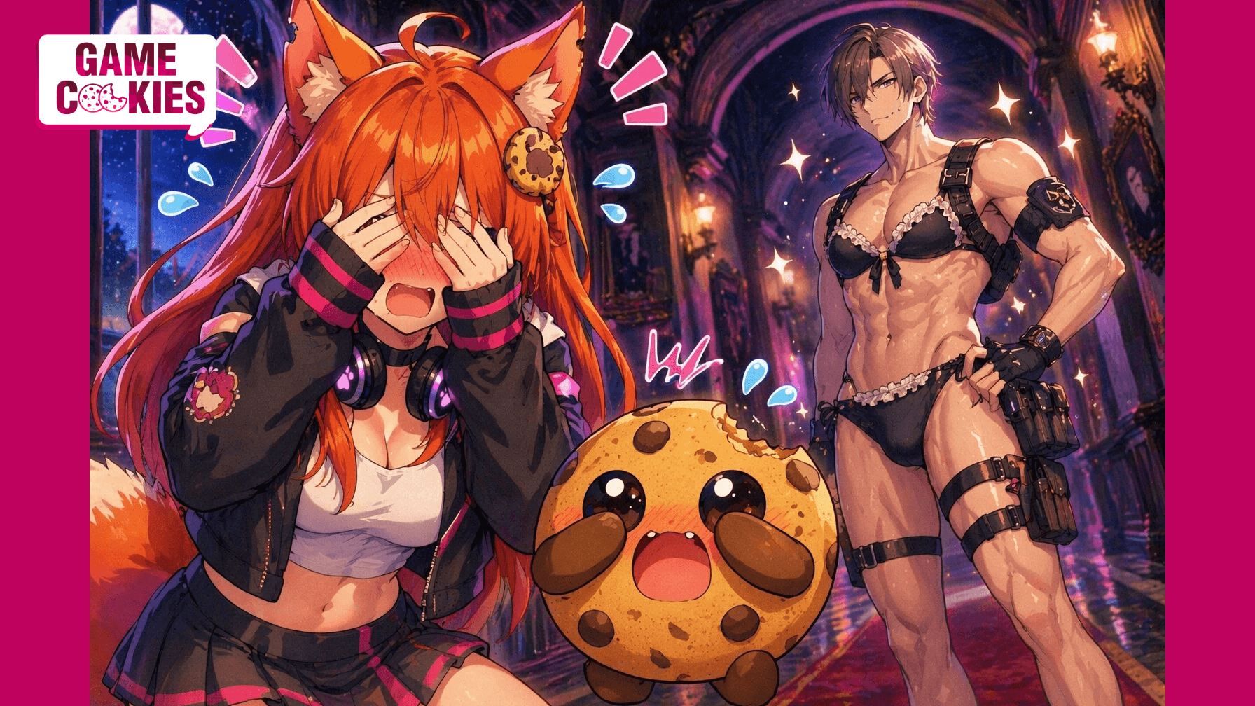 Kiki and Chip stand in a gothic mansion hallway, blushing and covering their eyes in embarrassment while a dark-haired survival-horror-style agent poses confidently in a ridiculous tactical bikini behind them.
