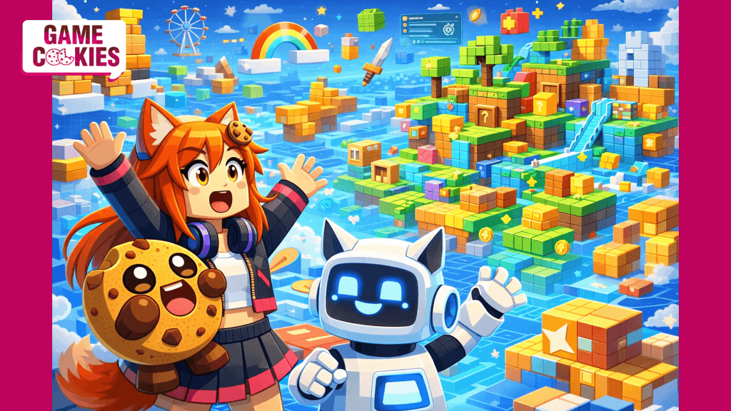 Blocky Roblox-style versions of Kiki and Chip throw their hands up in amazement as they enter a colorful floating world made of cubes, platforms, coins, trees, treasure chests, and other prebuilt game pieces.