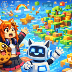 Blocky Roblox-style versions of Kiki and Chip throw their hands up in amazement as they enter a colorful floating world made of cubes, platforms, coins, trees, treasure chests, and other prebuilt game pieces.