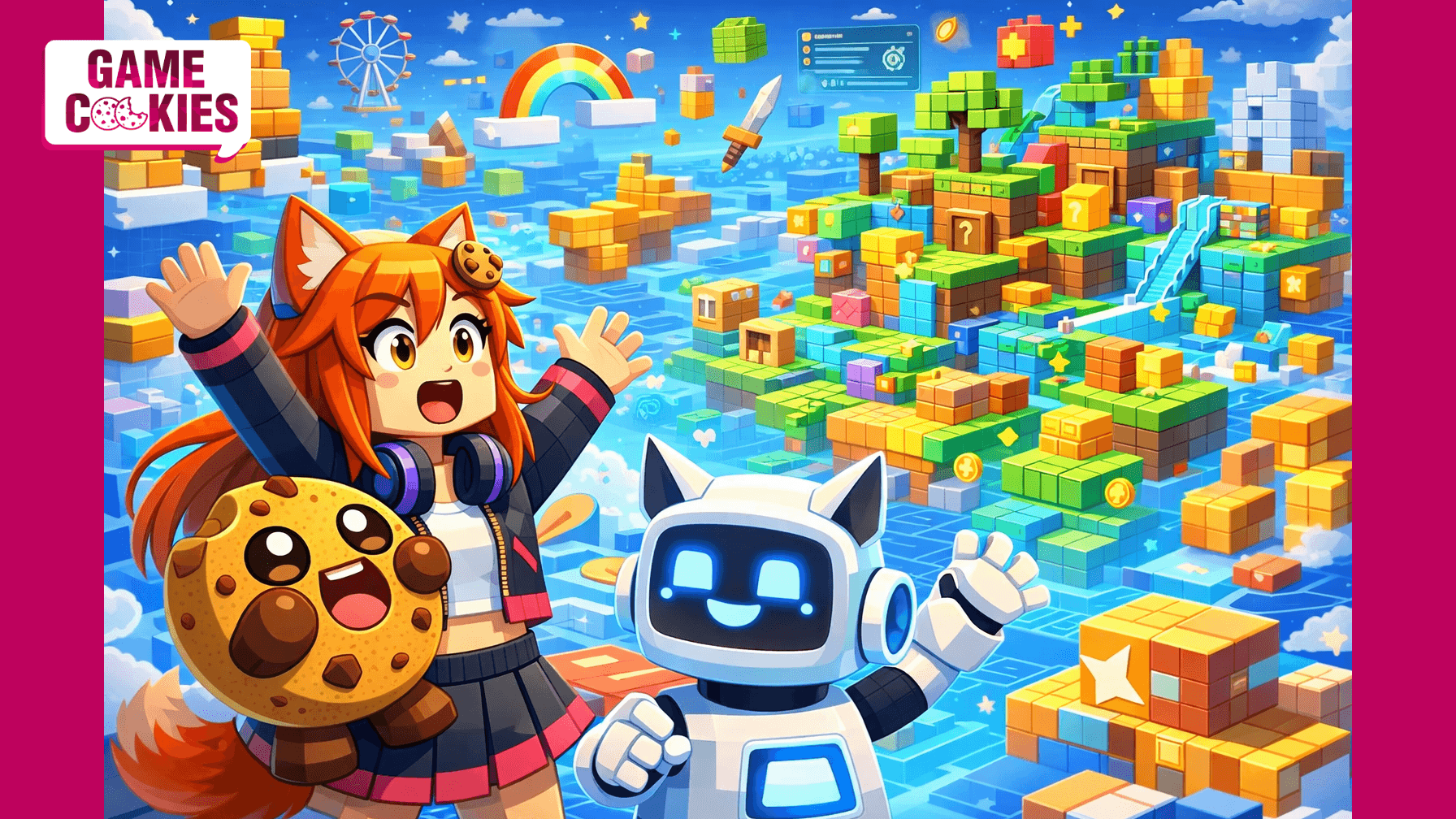 Blocky Roblox-style versions of Kiki and Chip throw their hands up in amazement as they enter a colorful floating world made of cubes, platforms, coins, trees, treasure chests, and other prebuilt game pieces.