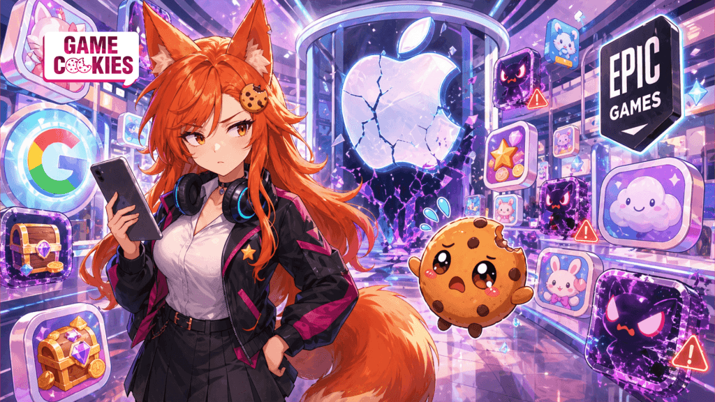 Anime-style image of Kiki and Chip inside a colorful mobile app marketplace with Apple, Google, and Epic logos, scam-like app icons, and a cracked Apple symbol in the background.