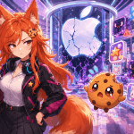 Anime-style image of Kiki and Chip inside a colorful mobile app marketplace with Apple, Google, and Epic logos, scam-like app icons, and a cracked Apple symbol in the background.