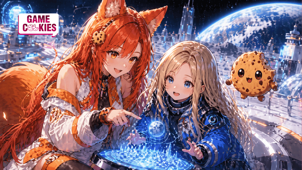Kiki and Chip from Game Cookies share a warm moment with Diana from Pragmata in a futuristic moon base, shown in a cute high-detail anime style with Earth in the background.