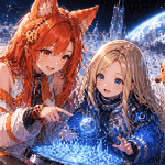 Kiki and Chip from Game Cookies share a warm moment with Diana from Pragmata in a futuristic moon base, shown in a cute high-detail anime style with Earth in the background.