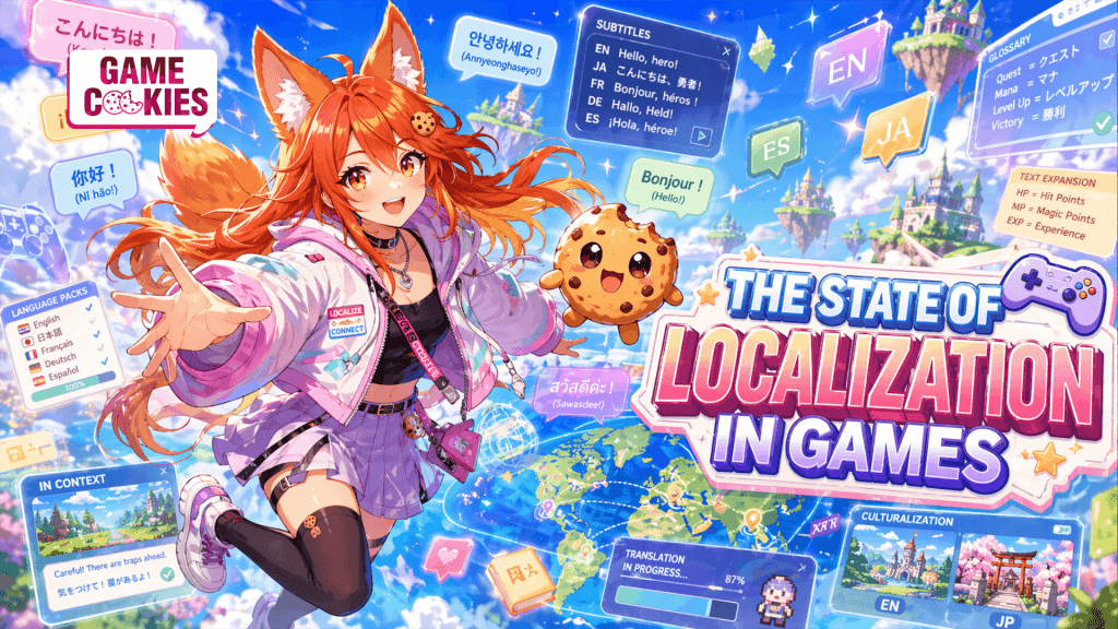 Kiki and Chip fly through a colorful anime world of game localization filled with floating language panels, subtitle boxes, UI elements, and game icons, with the headline The State of Localization in Games.
