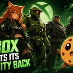Kiki from Game Cookies dressed as an Xbox fangirl standing with Master Chief, Marcus Fenix, and Ghost, while Chip reacts in front of a green Xbox-inspired digital background.