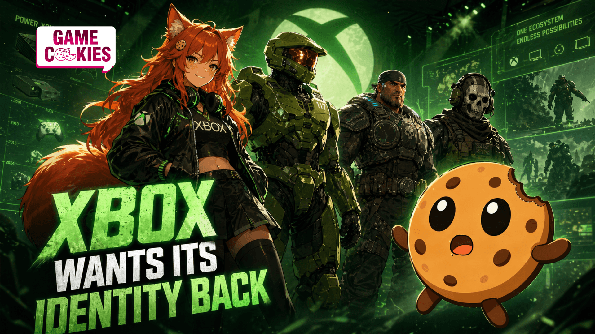 Kiki from Game Cookies dressed as an Xbox fangirl standing with Master Chief, Marcus Fenix, and Ghost, while Chip reacts in front of a green Xbox-inspired digital background.