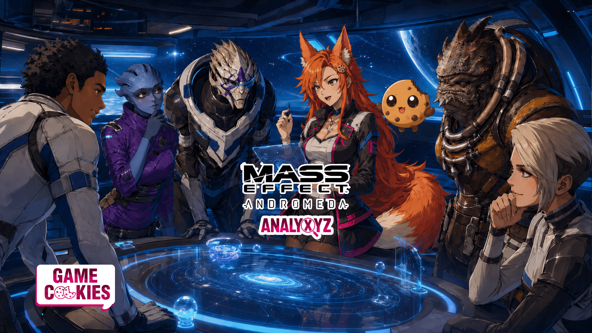 Kiki and Chip discuss Mass Effect: Andromeda’s troubled development with a sci-fi crew inside a futuristic spaceship command room.