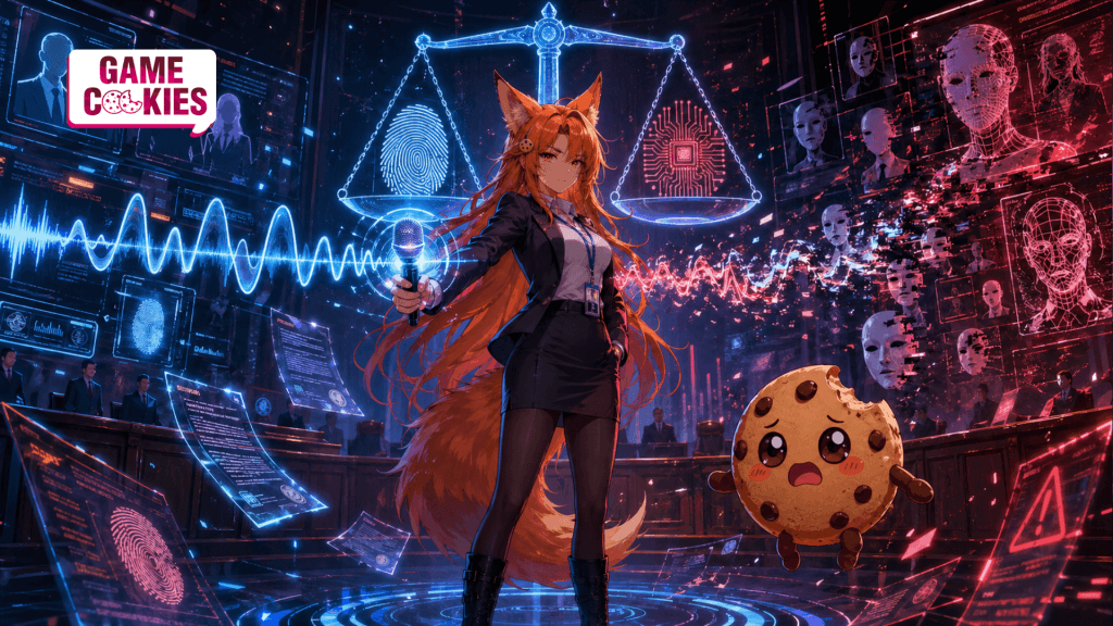 Kiki holds a glowing microphone in a futuristic cyberpunk courtroom while AI voice waves, biometric scans, digital clone masks, and Chip with brown stubby arms and legs react to the chaos.