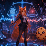 Kiki holds a glowing microphone in a futuristic cyberpunk courtroom while AI voice waves, biometric scans, digital clone masks, and Chip with brown stubby arms and legs react to the chaos.