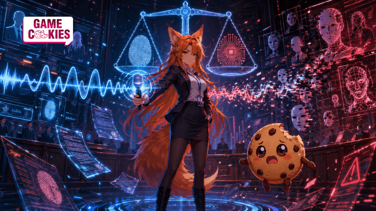 Kiki holds a glowing microphone in a futuristic cyberpunk courtroom while AI voice waves, biometric scans, digital clone masks, and Chip with brown stubby arms and legs react to the chaos.