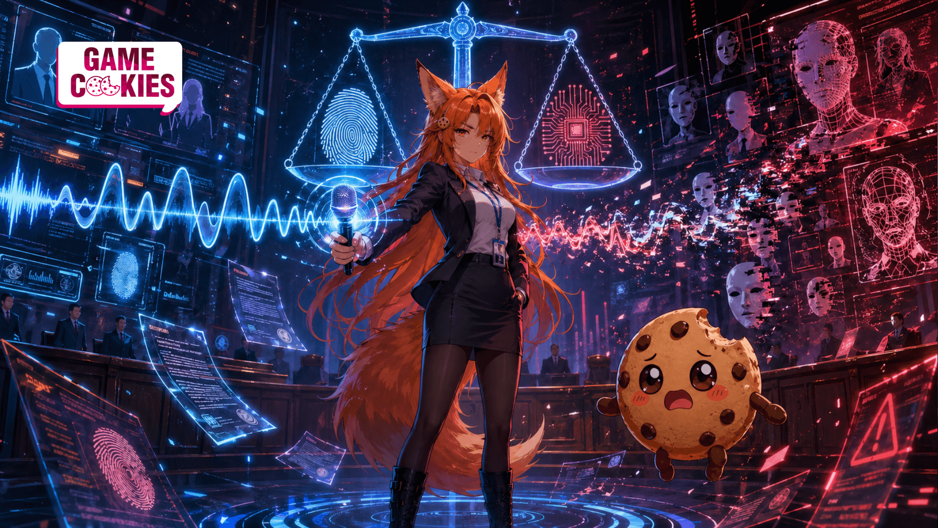 Kiki holds a glowing microphone in a futuristic cyberpunk courtroom while AI voice waves, biometric scans, digital clone masks, and Chip with brown stubby arms and legs react to the chaos.