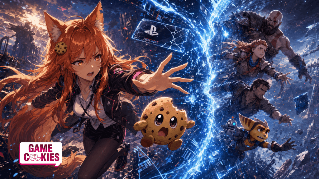 Kiki and Chip are pulled away from PlayStation-inspired game worlds by a glowing time rift, symbolizing the 30-day DRM controversy and fears over digital game ownership.