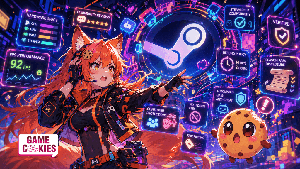 Kiki and Chip react to a huge Steam-like digital entity surrounded by holographic panels for FPS data, refunds, reviews, and verified badges.