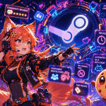 Kiki and Chip react to a huge Steam-like digital entity surrounded by holographic panels for FPS data, refunds, reviews, and verified badges.