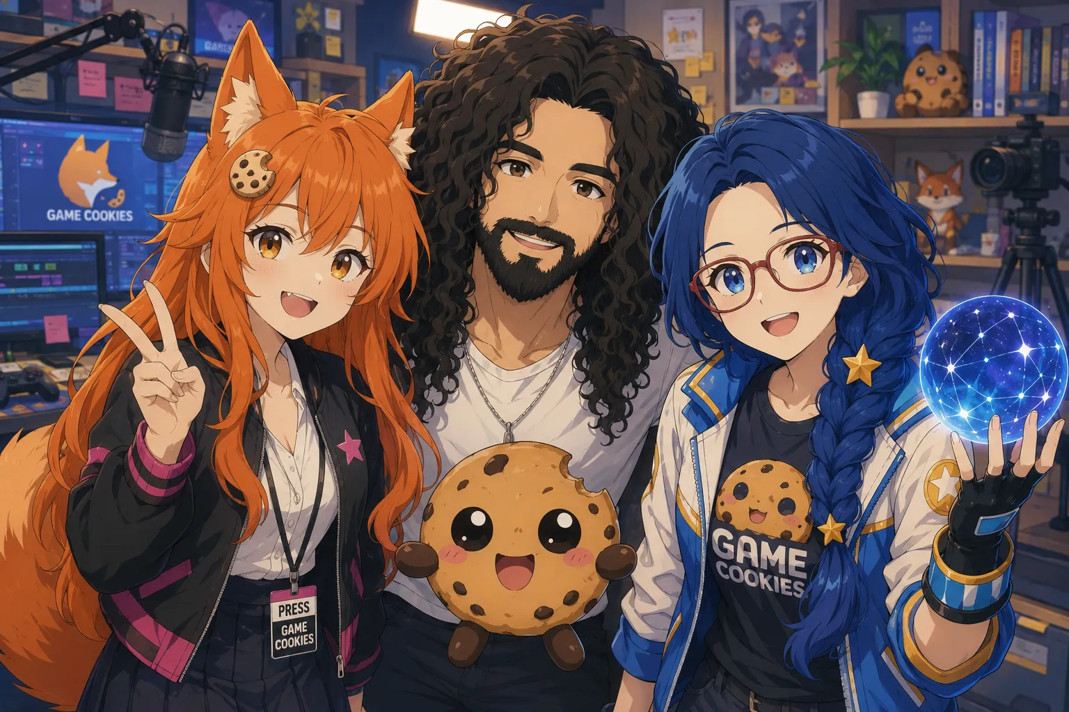 Kiki, Leo, Byte, and Chip posing together in an anime-style Game Cookies studio with gaming monitors, microphones, editing equipment, and cozy creative workspace details.