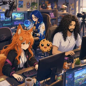 Kiki, Leo, Byte, and Chip working at computers in a cozy anime-style Game Cookies studio with editing screens, microphones, cameras, gaming gear, and warm creative workspace lighting.