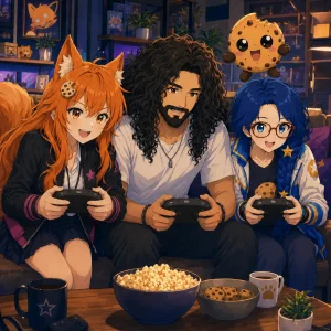 Kiki, Leo, Byte, and Chip playing games together on a couch in a cozy anime-style gaming room, holding Xbox-style controllers with the backs facing the viewer.