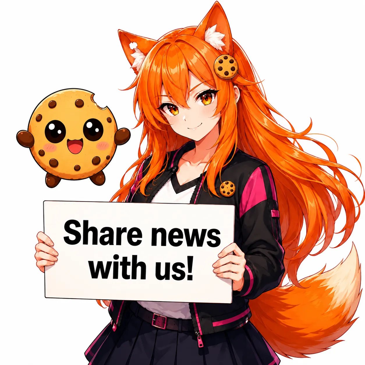 Anime-style illustration of a confident adult fox-girl with long orange-red hair holding a sign that reads “Share news with us!” while a kawaii cookie mascot floats beside her.