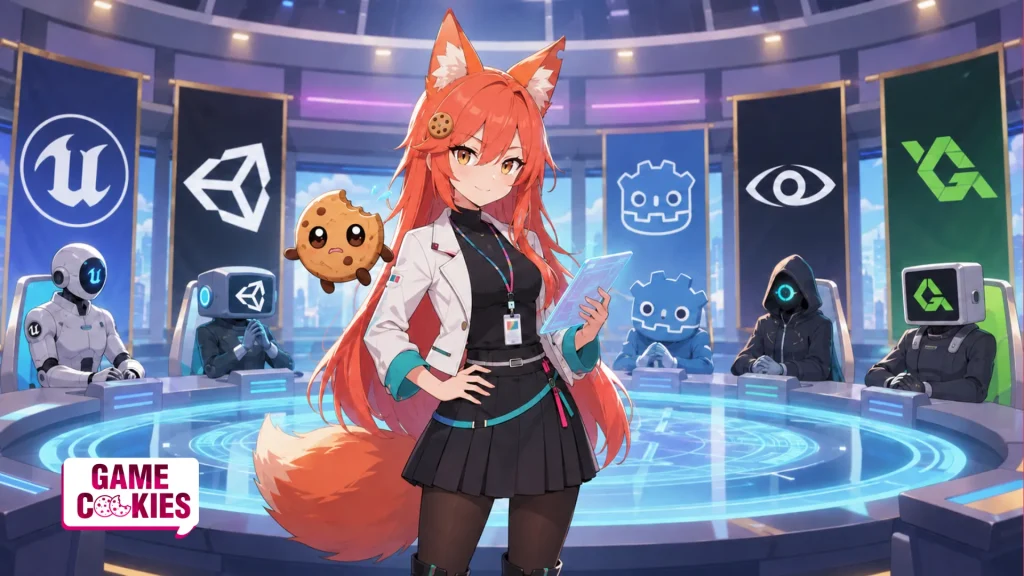 Kiki, the Game Cookies fox-girl mascot, stands confidently in a futuristic council chamber with Chip floating beside her, surrounded by symbolic representatives of Unreal, Unity, Godot, CryEngine, and GameMaker.