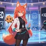 Kiki, the Game Cookies fox-girl mascot, stands confidently in a futuristic council chamber with Chip floating beside her, surrounded by symbolic representatives of Unreal, Unity, Godot, CryEngine, and GameMaker.