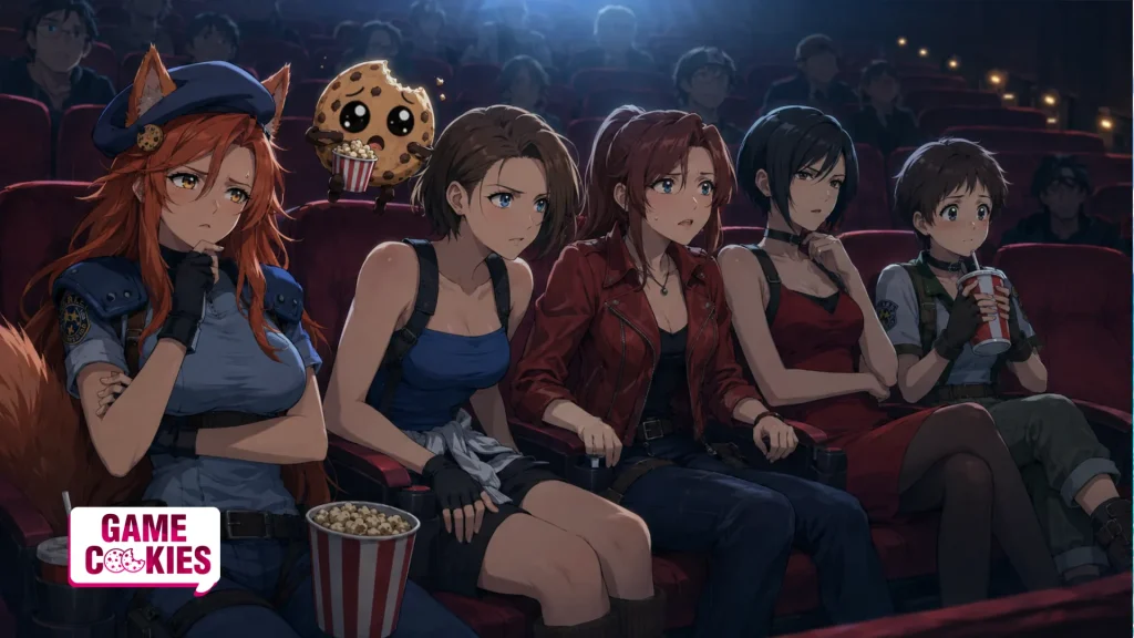 Kiki, Chip, Jill, Claire, Ada, and Rebecca sit in a cinema with nervous expressions, hoping the new Resident Evil movie is good.
