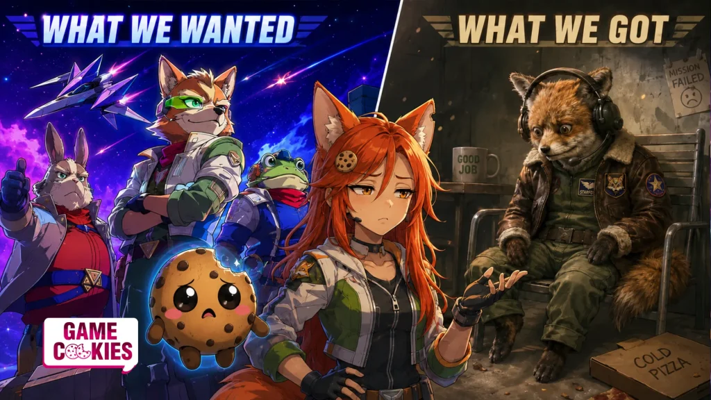 A split-panel meme image comparing the Star Fox remake fans wanted with what they feel they got. On the left, a bright heroic anime-style space scene shows a stylish fox pilot crew, a sleek spaceship, Kiki looking disappointed, and Chip with dark brown arms and legs. On the right, a gloomy defeated fox pilot sits in a dingy room under the text “WHAT WE GOT,” surrounded by a mission failed poster, a “Good Job” mug, and a cold pizza box.