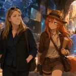 Anime-style Kate Edwards walking with Kiki and Chip through a museum of maps, artifacts, ruins, and cultural history.