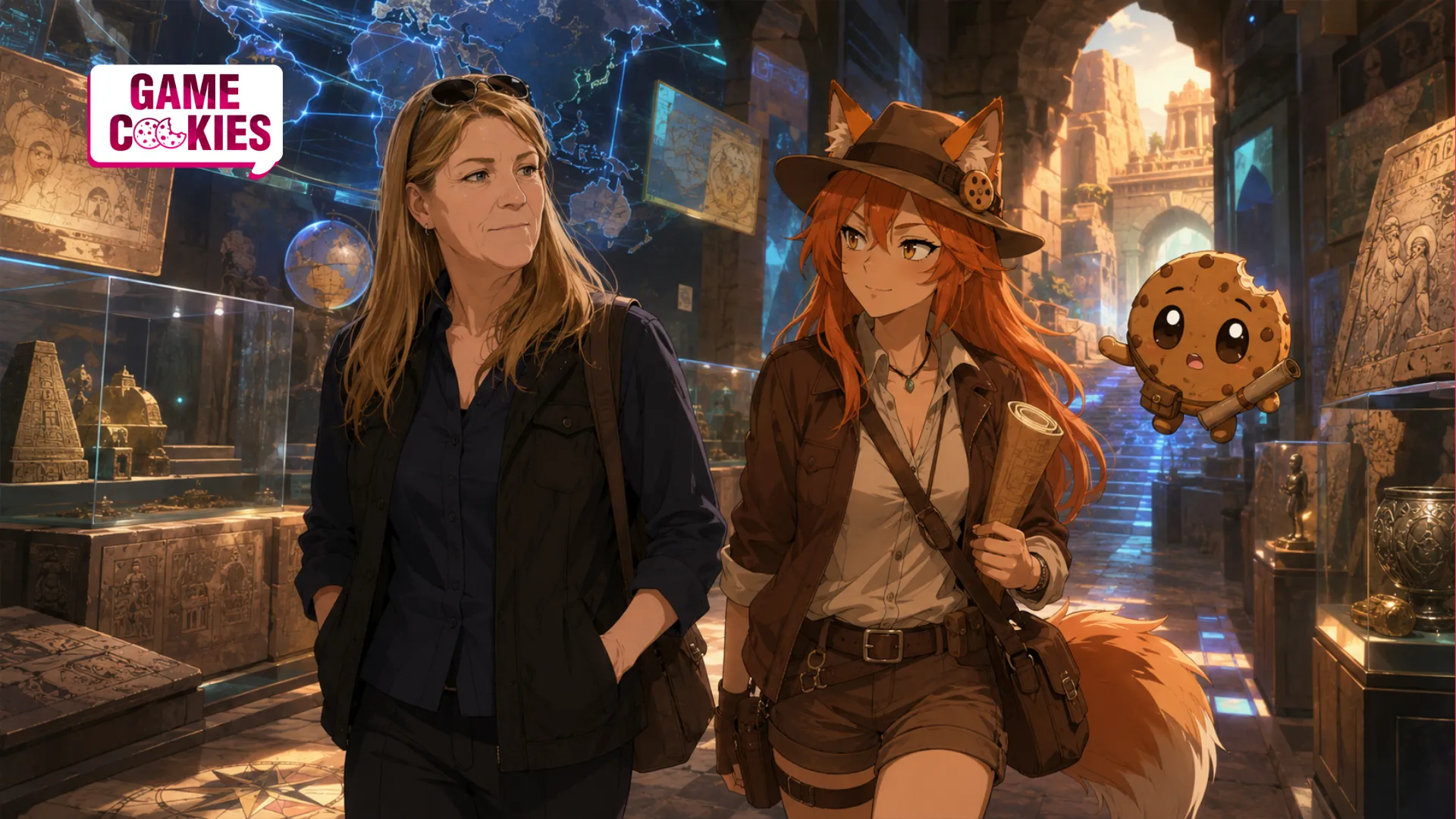 Anime-style Kate Edwards walking with Kiki and Chip through a museum of maps, artifacts, ruins, and cultural history.