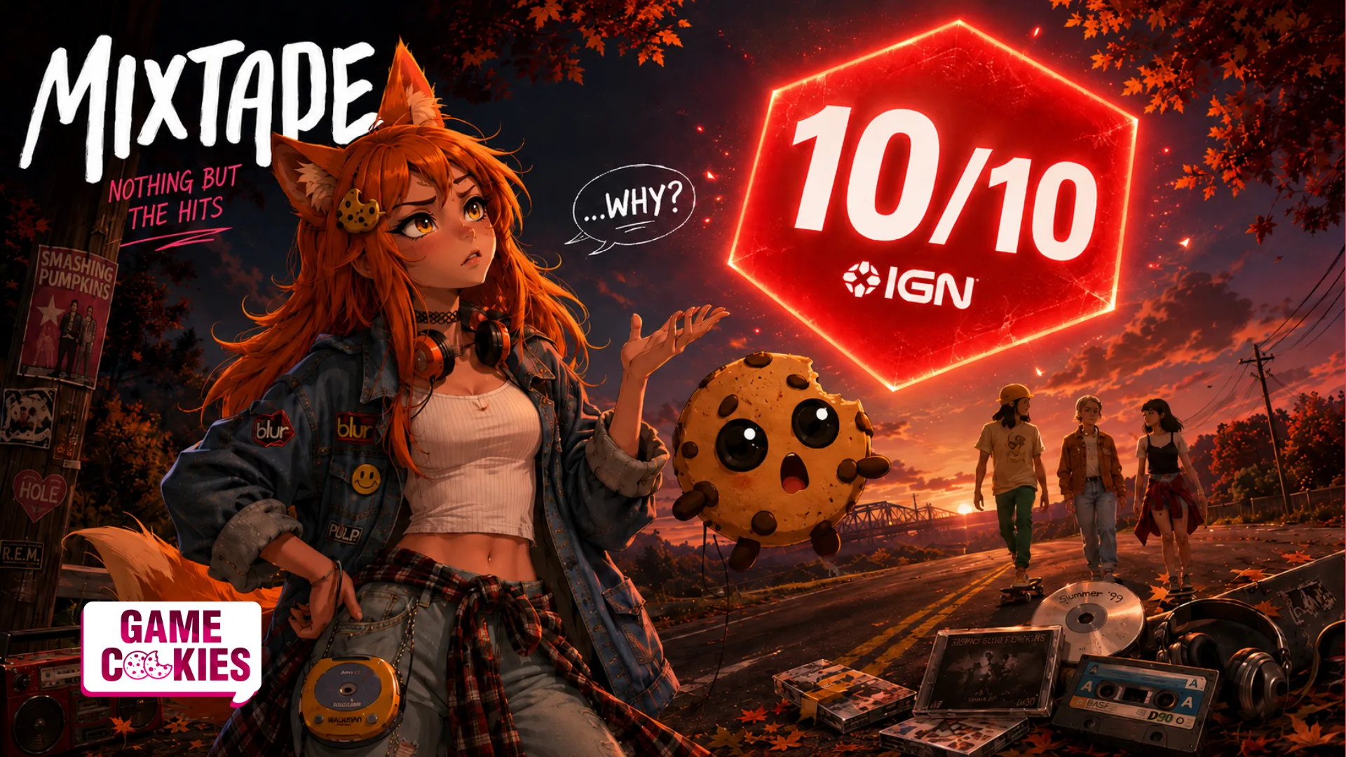 Kiki and Chip stare in confusion at a glowing red 10/10 IGN-style review badge for Mixtape, surrounded by late-90s music nostalgia.