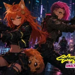 Kiki, the Game Cookies fox girl, and a pink-haired female V fire futuristic weapons during a neon cyberpunk street battle while Chip hides behind Kiki for cover.
