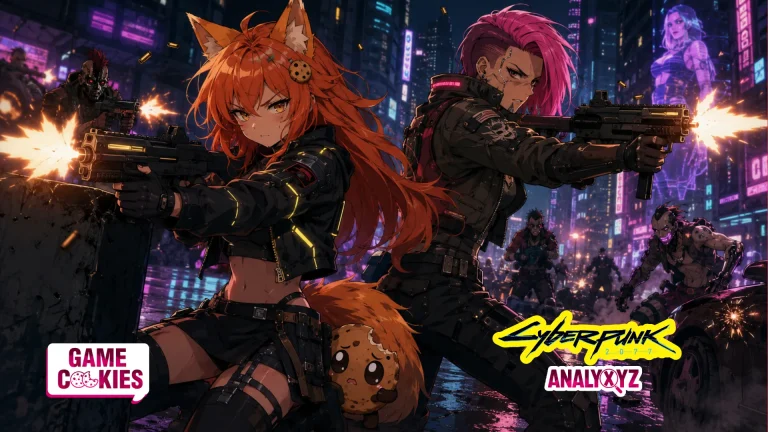 Kiki, the Game Cookies fox girl, and a pink-haired female V fire futuristic weapons during a neon cyberpunk street battle while Chip hides behind Kiki for cover.